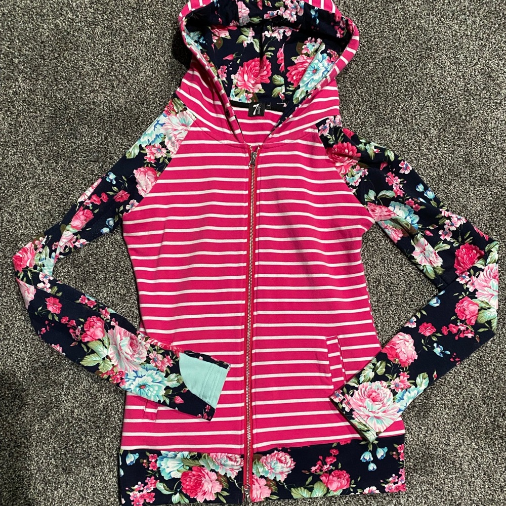 Mixed pattern floral stripe zip up hoodie long sleeve shirt top